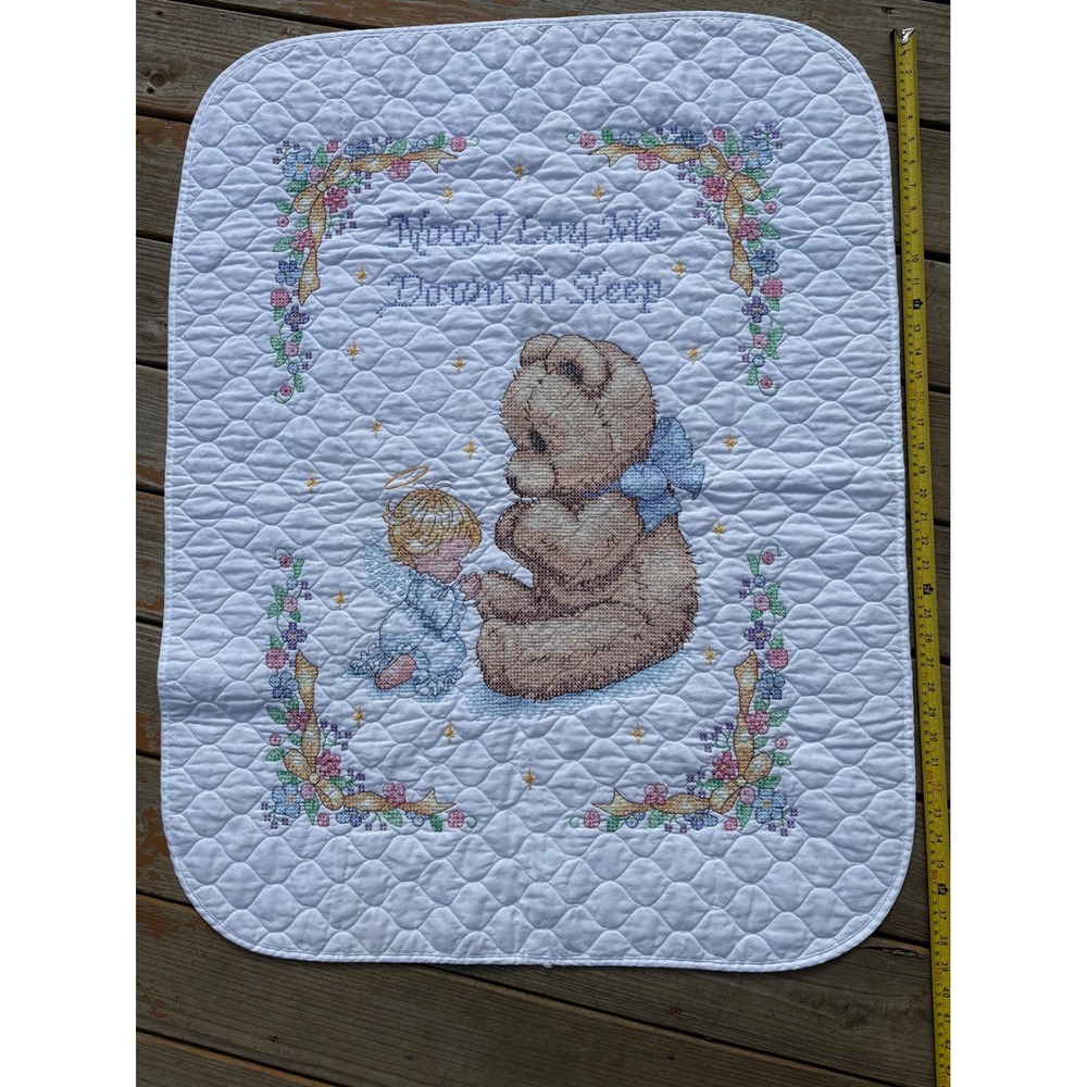 Vintage Hand Embroidered Quilted Baby Blanket Now I Lay Me Down To Sleep Bear